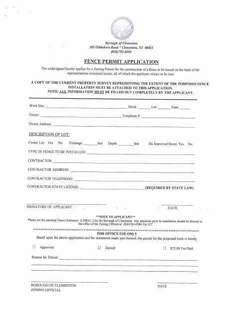 First page of the Fence Permit Application