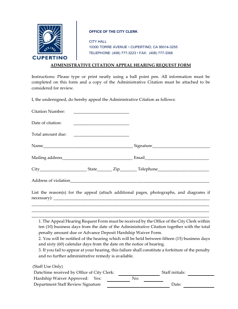 First page of the Administrative Citation Appeal Hearing Request Form