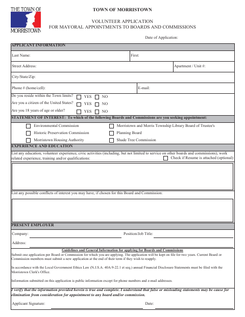 First page of the Volunteer Application for Mayoral Appointments to Boards and Commissions