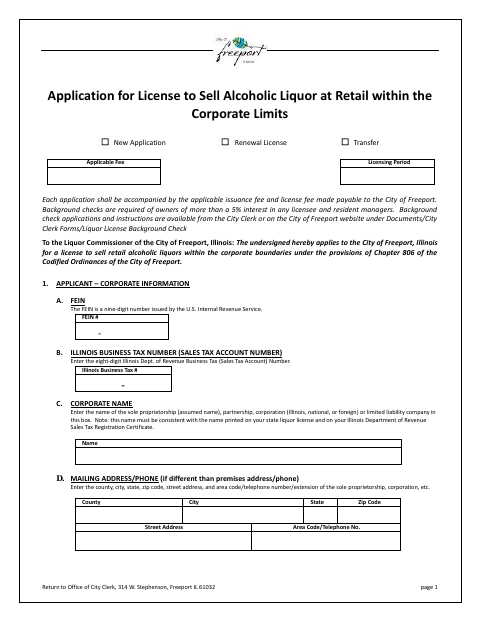First page of the Application for License to Sell Alcoholic Liquor at Retail