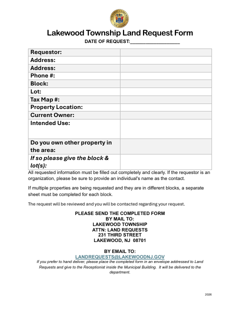 First page of the Land Request Form 2026