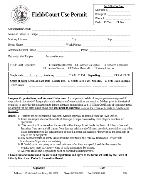 First page of the Field/Court Use Permit