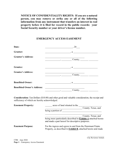 First page of the Emergency Access Easement