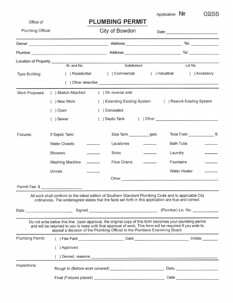 First page of the Plumbing Permit