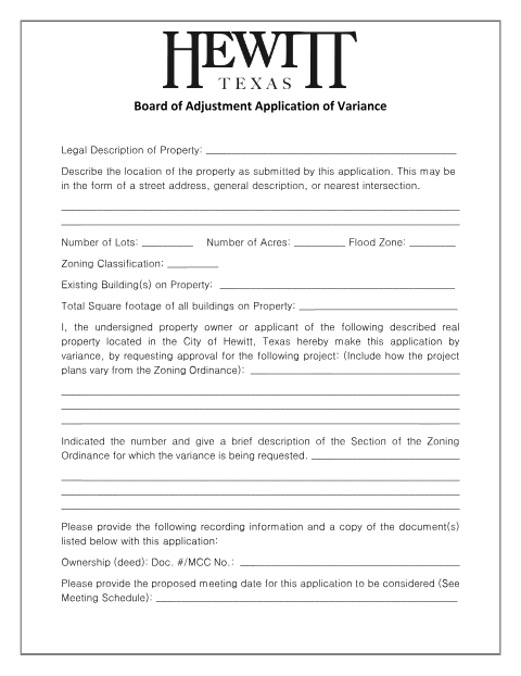 First page of the Application for Zoning Variance