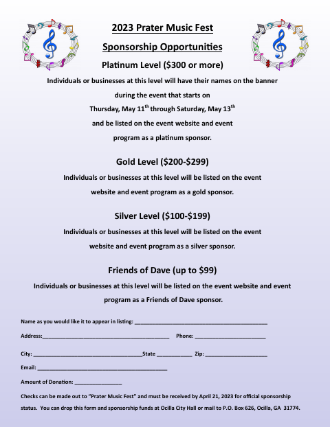 First page of the Prater Music Fest Sponsorship Form