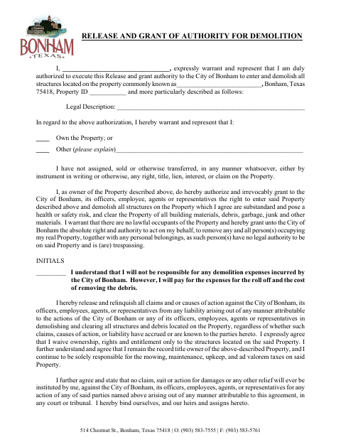 First page of the Release and Grant of Authority for Demolition