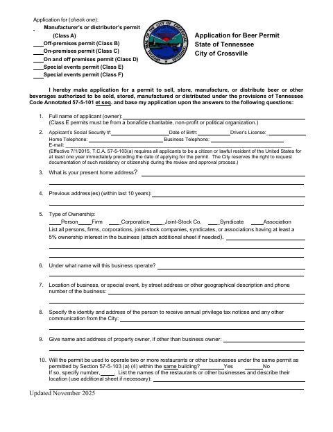 First page of the Application for Beer Permit