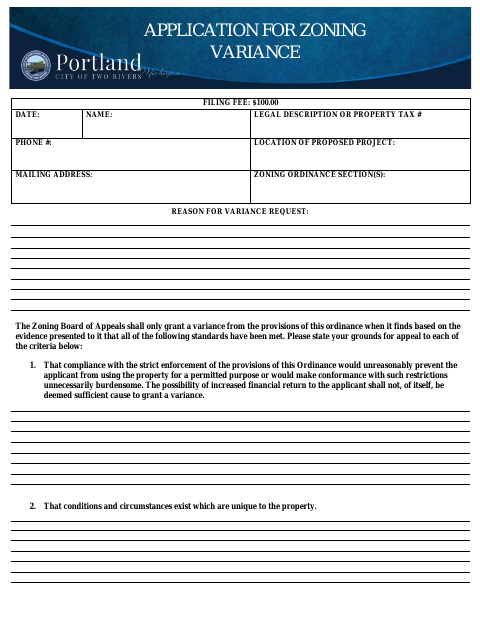First page of the Application for Zoning Variance