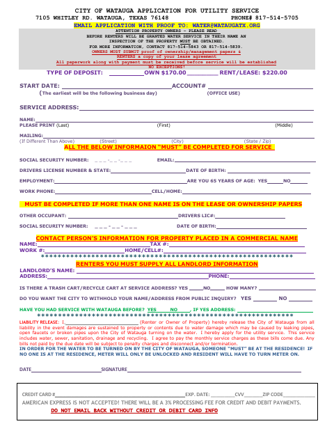 First page of the Application for Utility Service