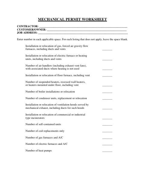 First page of the Mechanical Permit Worksheet
