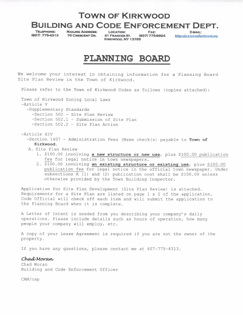 First page of the Planning Board Site Plan Application