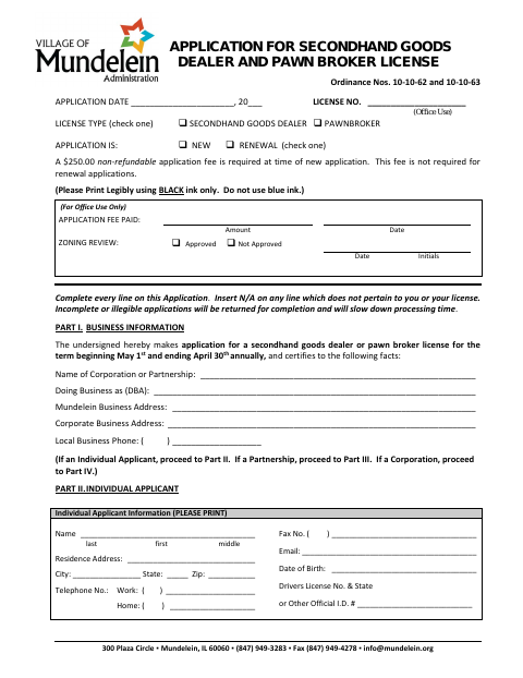 First page of the Secondhand Goods Dealer and Pawnbroker License Application