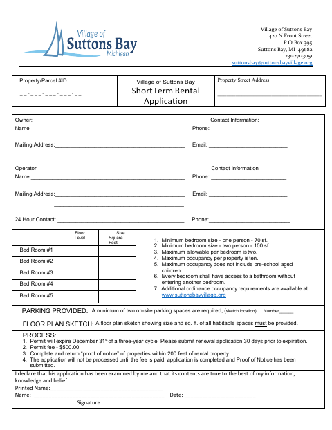 First page of the Short Term Rental Application