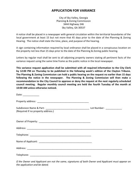 First page of the Application for Variance