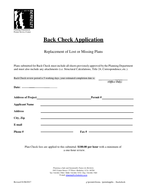 First page of the Back Check Application for Replacement of Lost or Missing Plans