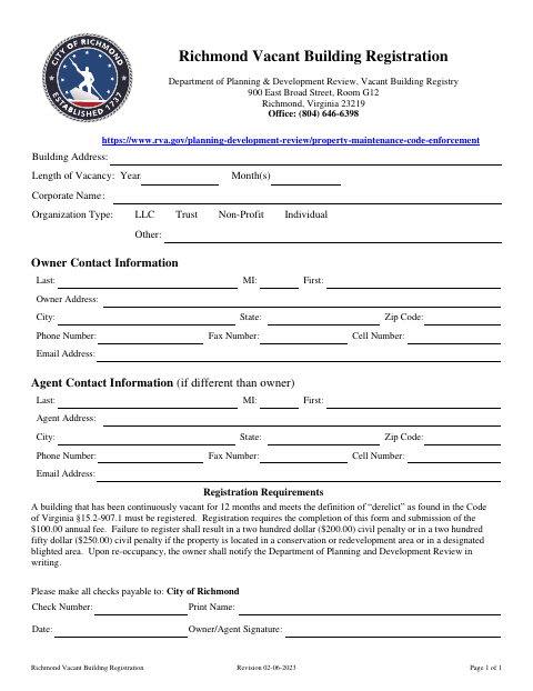 First page of the Vacant Building Registration