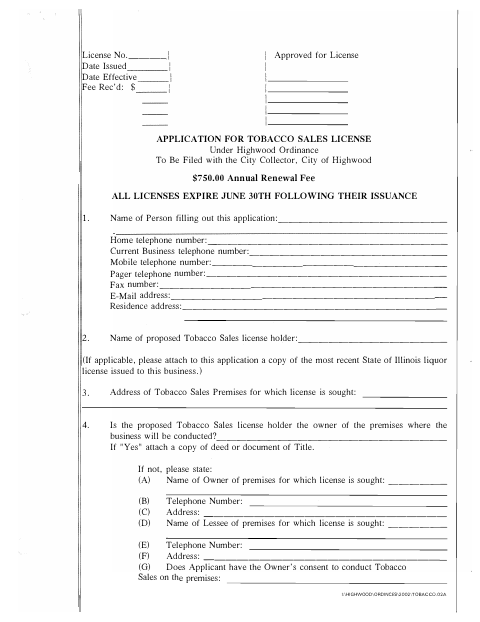 First page of the Application for Tobacco Sales License
