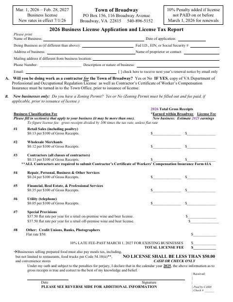 First page of the 2026 Business License Application and License Tax Report