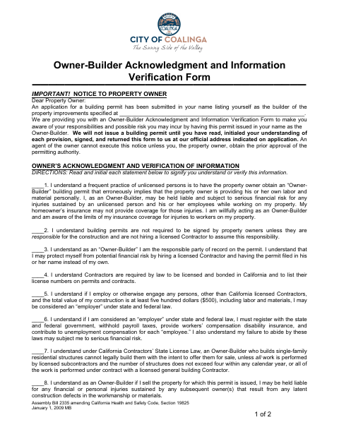 First page of the Owner-Builder Awareness Form