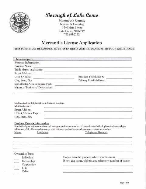 First page of the Mercantile License Application