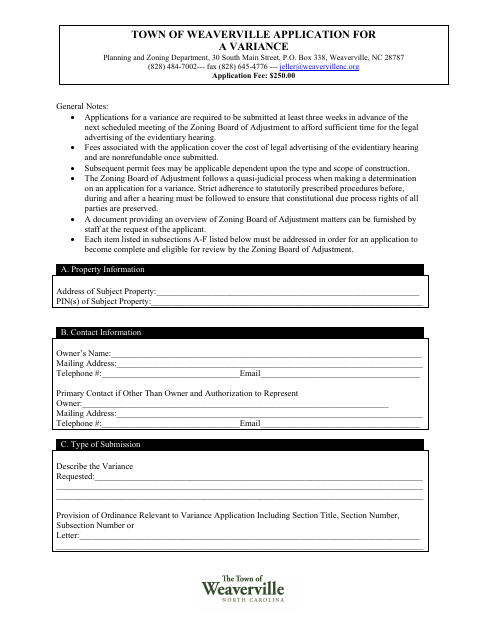 First page of the Application for a Variance