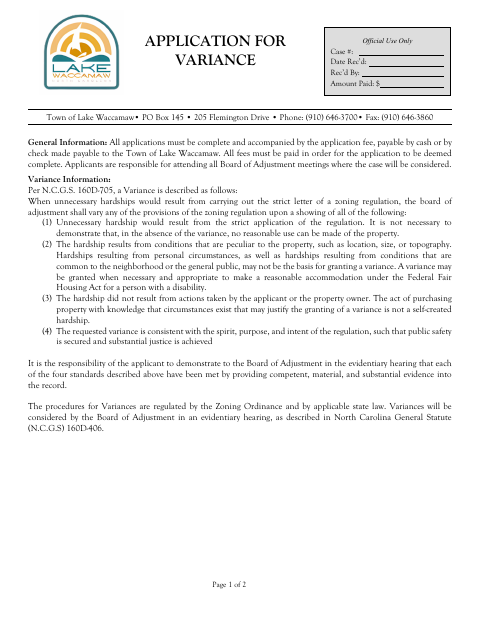 First page of the Application for Variance
