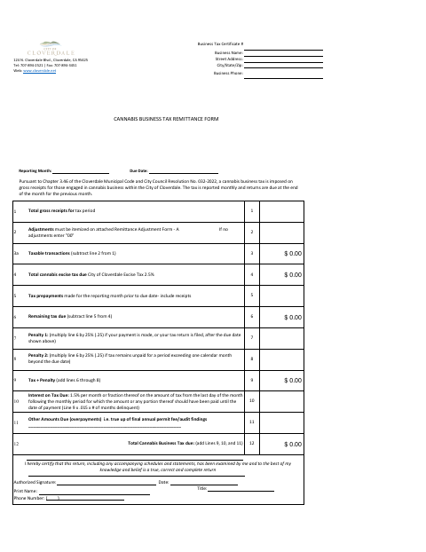 First page of the Cannabis Business Tax Remittance Form