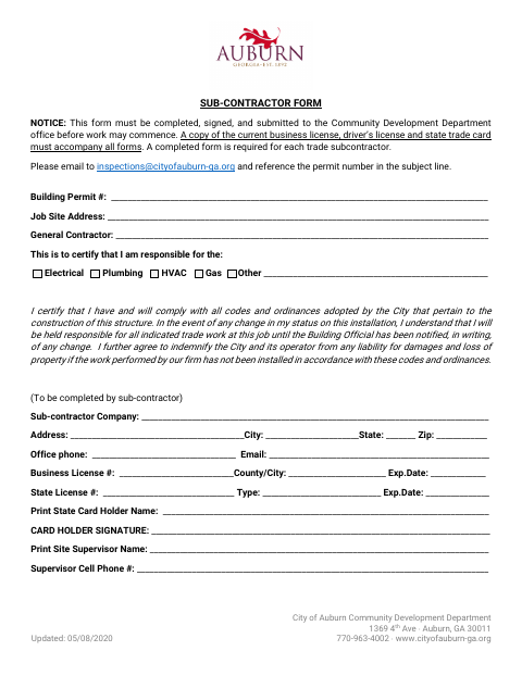 First page of the Sub-Contractor Form