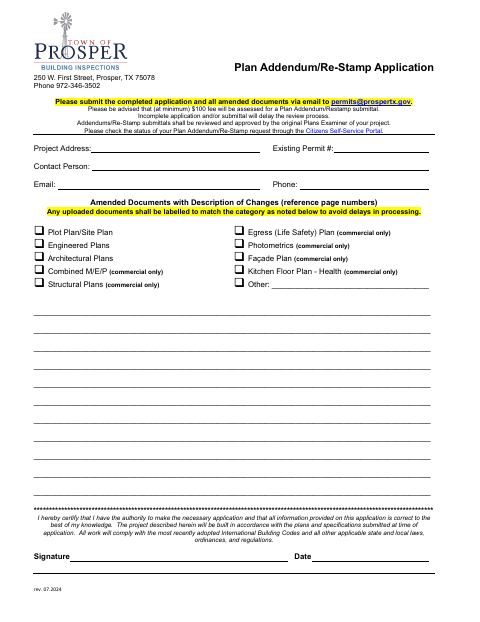 First page of the Plan Addendum/Re-Stamp Application