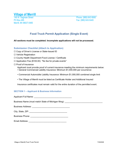 First page of the Food Truck Permit Application (Single Event)