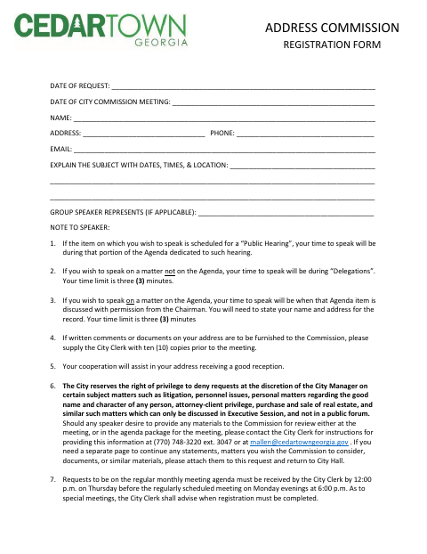 First page of the Address Commission Registration Form