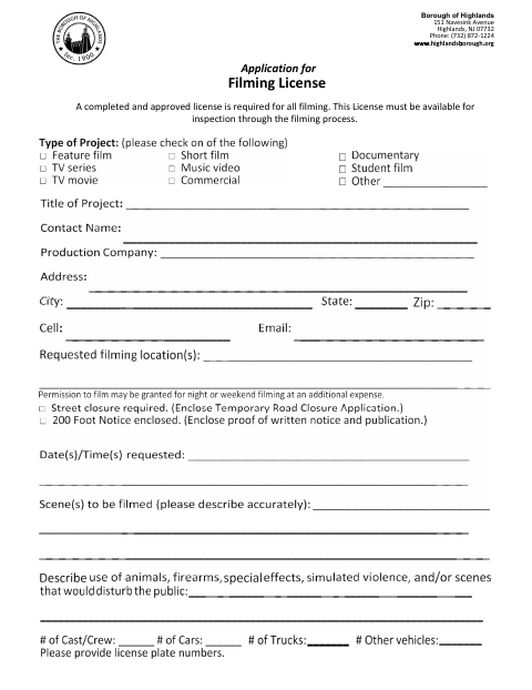 First page of the Application for Filming License