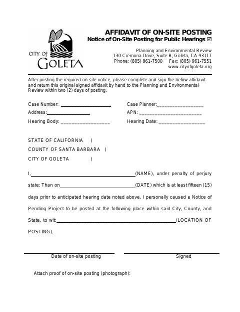 First page of the Affidavit of On-Site Posting for Public Hearings