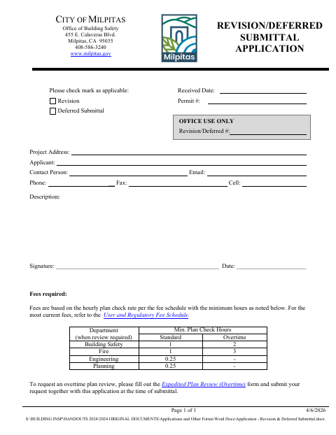 First page of the Revision/Deferred Submittal Application