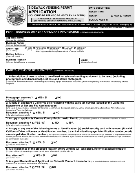 First page of the Sidewalk Vending Permit Application