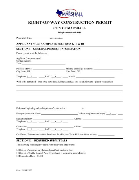 First page of the Right-of-Way Construction Permit