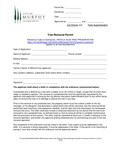 First page of the Tree Removal Permit
