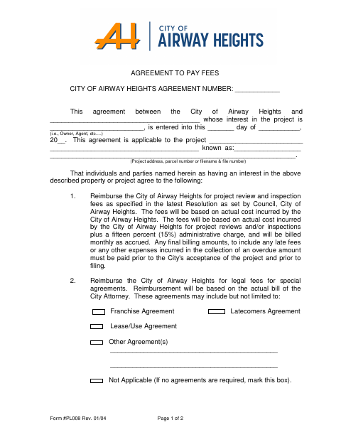 First page of the Agreement to Pay Fees