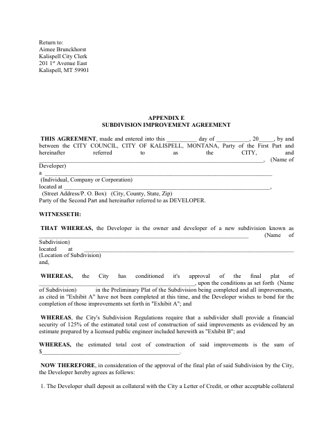 First page of the Subdivision Improvement Agreement