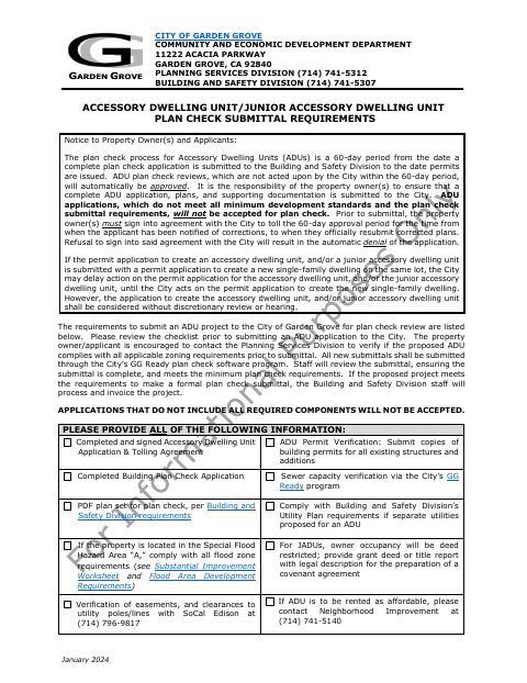 First page of the ADU/JADU Plan Check Submittal Requirements