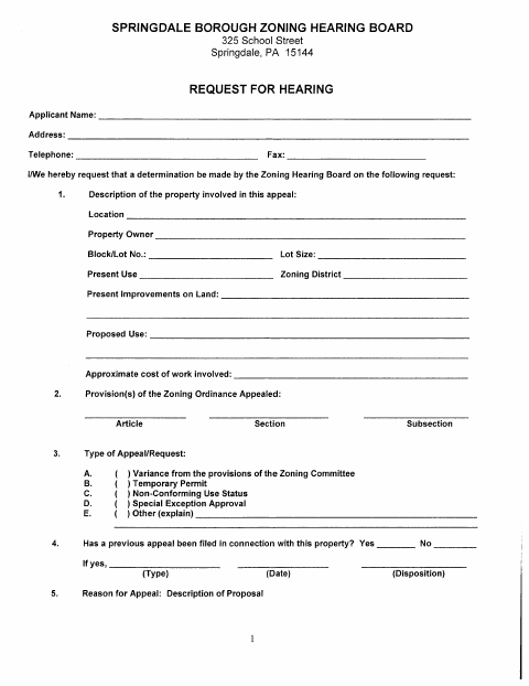 First page of the Request for Hearing (Zoning Hearing Board)
