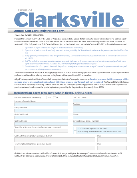 First page of the Annual Golf Cart Registration Form