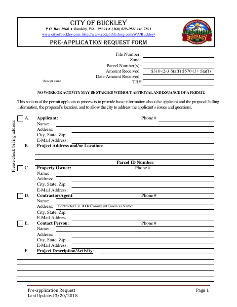 First page of the Pre-Application Request Form