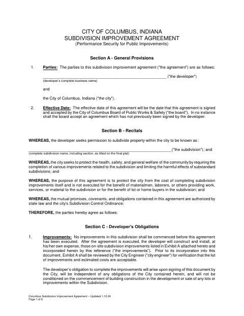 First page of the Subdivision Improvement Agreement – Performance Security