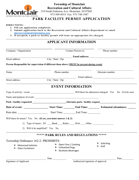 First page of the Park Facility Permit Application