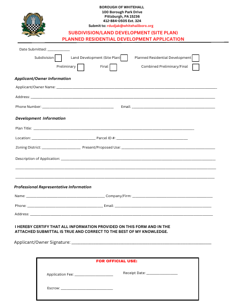 First page of the Subdivision and Land Development Application