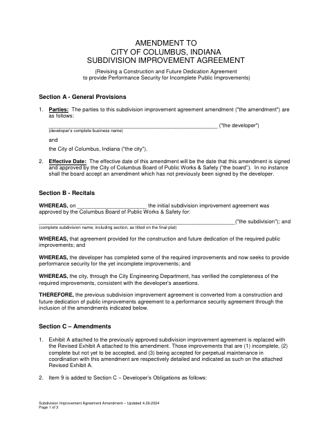 First page of the Subdivision Improvement Agreement Amendment