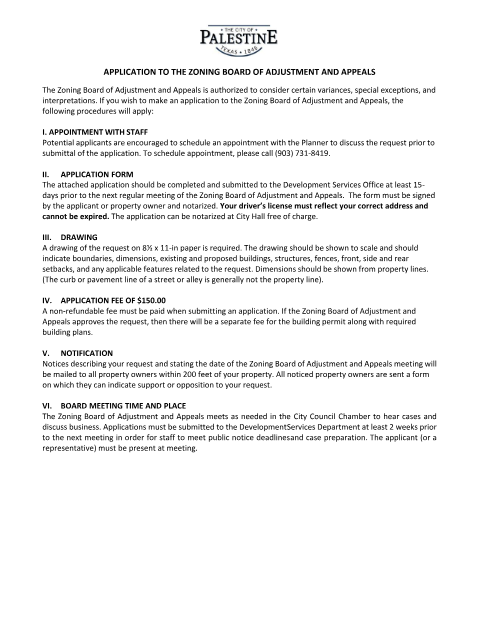 First page of the Variance Application