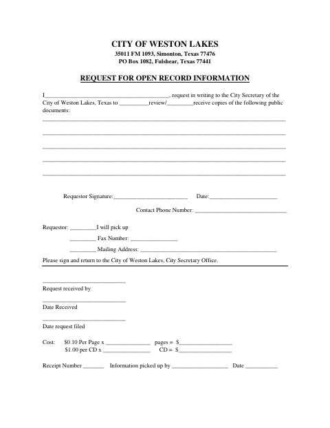 First page of the Request for Open Record Information